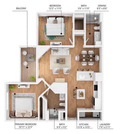 Floor plan for 2 beds, 2 baths, 1062 sqft